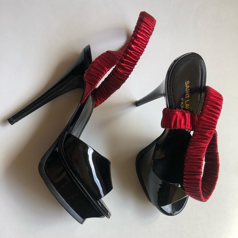 SAINT LAURENT  Patent Tribute Elastic Ankle Strap Platform Sandals 36 Black Red